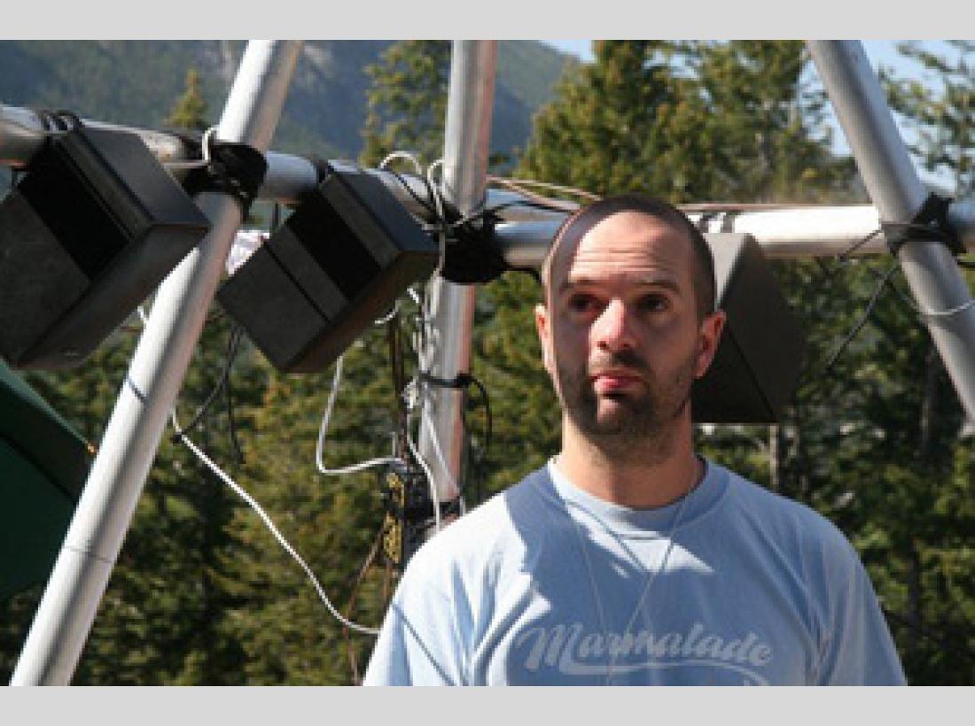 Photograph of artist Stuart Bowditch the Ambient Weather Sound Machine project in Banff, Canada.